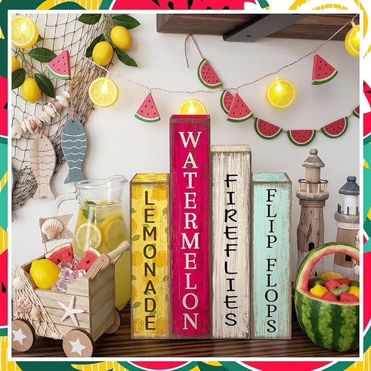 4 Pcs Summer Table Decoration Wooden Book Lemon Watermelon Wooden Sign Yellow and Red Summer Tiered Tray Decor Wood Book Sign Farmhouse for Home Shelf Coffee Table