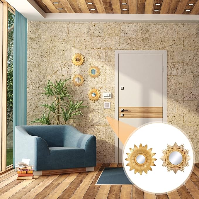 Jetec 4 Pcs Big Sunburst Wall Mirror Gold Vintage Mirror Set for Wall Metal Hanging Round Decorative Mirrors Accessories Modern Present for Living Room Bedroom Entryway Home Decor 10 Inch