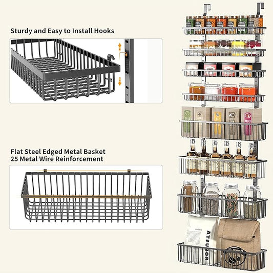 Moforoco Over The Door Pantry Organizer, Pantry Door Organizer Shelves, Kitchen Organizers and Storage, Hanging Basket Wall Spice Rack Seasoning Shelves, Laundry Room Bathroom accessories(Black