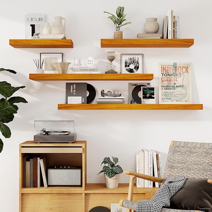 Fun Memories Floating Shelves, 9.3 Inch Deep Solid Pine Wood Wall Shelves for Storage, Rustic Wall Mounted Display Shelf with Invisible Heavy-Duty Metal Bracket, 48 Inch Width, Honey Oak