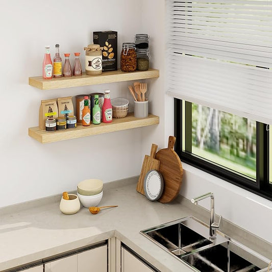 RICHFOCUS Floating Shelves for Wall | 36W x 9.3D Rustic Floating Shelves with Solid Ash Wood Veneer Set of 2 | Wood Wall Shelves with Upgraded Brackets | for Living Room Bathroom Home Office