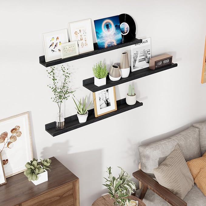 RICHFOCUS Floating Shelves for Wall, 36 inch Solid Wood Picture Ledge Shelf for Wall Storage, Nursery Book Shelves with Lip for Living Room Bathroom Bedroom Kitchen, Set of 3, Distressed Black