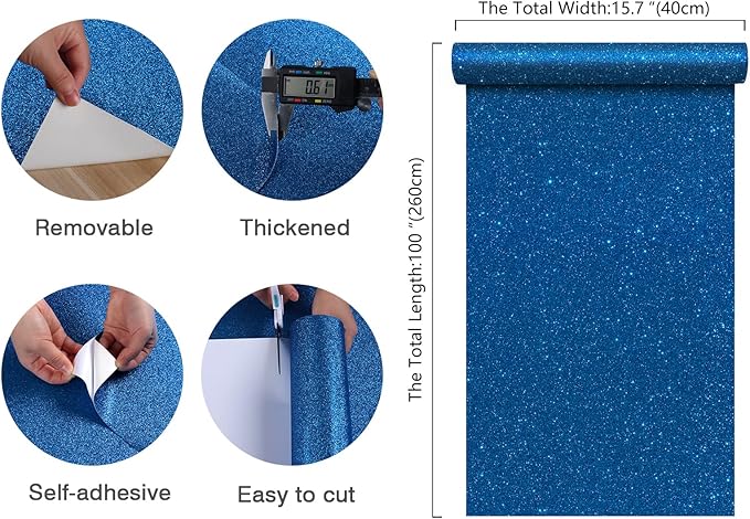 CHIHUT Sparkle Blue Glitter Wallpaper Stick and Peel 15.7''x100'' Self Adhesive Blue Glitter Contact Paper for Walls Removable Fabric Glitter Wallpaper Vinyl Roll for Table Gift Drawers Art Crafts