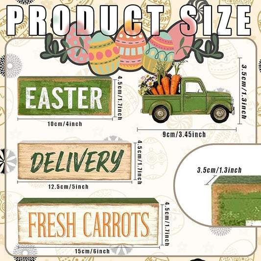 Easter Decorations - Easter Truck Tiered Tray Decor Set - Wooden Farm Fresh Carrots Tabletop Decoration - Rustic Farmhouse Spring Home Decor Indoor for Tiered Tray Shelf Mantel Coffee Table Gift - Spring Home Decor for Living Room, Kitchen Counter
