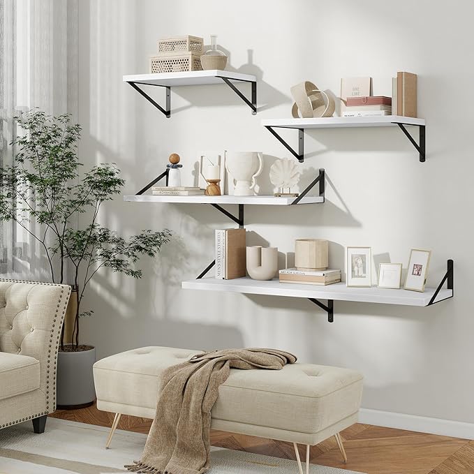 Floating Shelves, 12 Inch Deep Rustic Wood Wall Storage, 36W x 12D Wall Shelves Set of 2, Heavy Duty Metal Brackets, Large Industrial Book Shelf for Living Room, Kitchen, Bedroom, White