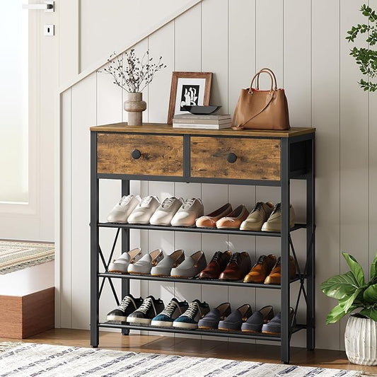 4 Tier Shoe Rack, Large Capacity Shoe Storage Organizer, Metal Shoe Shelf with Drawer and Wooden Top, for 16 Pairs of Shoes, for Entryway, Closet, Rustic Brown and Black SS24BR
