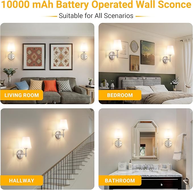 Peel and Stick Wall Sconces, Stick On Wall Sconce Set of 2, Battery Operated Wireless Wall Light, No Drill Adhesive Wall Lamp, Corn Bulb with 10000mAh Rechargeable Battery, Bedroom Wall Decor