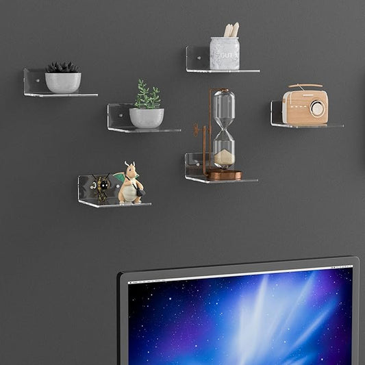 6 Inches Acrylic Small Wall Shelves 2 Pack, Floating Shelf for Wall Mounting, Acrylic Display Ledges for Funko Pop Figures, Home Décor, Living Room, Gaming Room, Plants(6 inch, Clear)