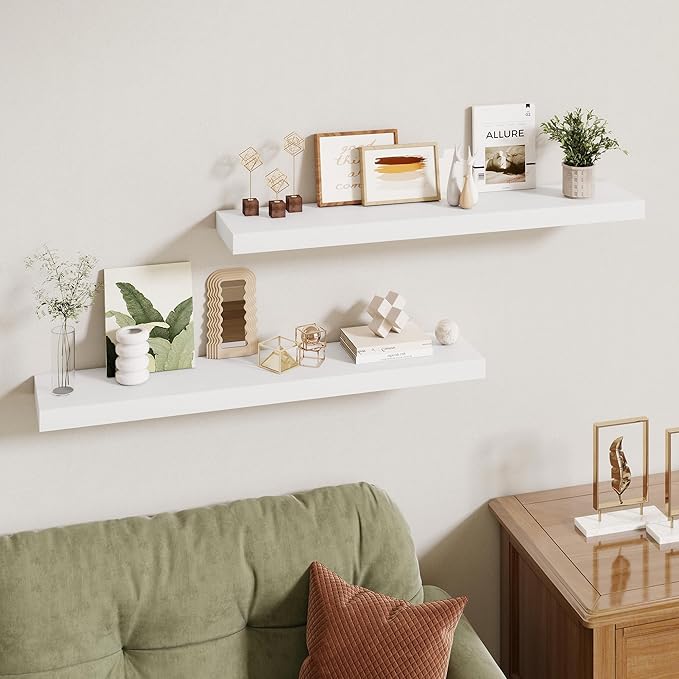 36 Inch Floating Shelves | 6.5 Inch Deep White Floating Shelves Set of 2 | 36" W x 6.5" D Rustic White Wood Wall Shelves with Invisible Brackets for Bathroom Living Room Bedroom