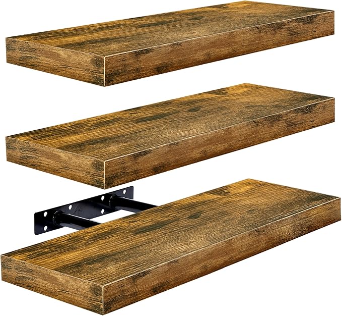 Sorbus Floating Shelves for Wall – 16 Inch Floating Shelf for Kitchen, Bedroom, Living Room, Bathroom, Home & Wall Decor - Mounted Bathroom Shelves with Invisible Brackets (Rustic Brown, 3 Pack)