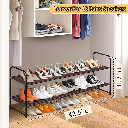 SLEEPING LAMB 2-Tier Shoe Rack for Closet, Long Stackable Wide Shoe Organizer Holds 18-Pairs Low Shoe Shelf Storage for Bedroom, Floor, Entryway (Bronze)