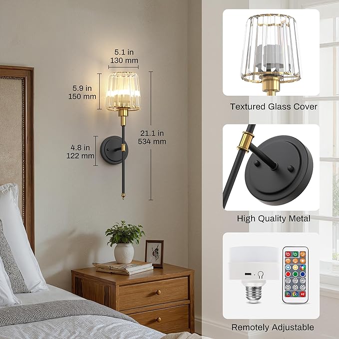 DORESshop Battery Operated Wall Sconce Set of 2, Wireless Wall Light, 15 Color Rechargeable Wall Sconces, Sconce Wall Decor Set of 2 for Bedroom, Living Room, Gold and Black Crystal, 24.6in