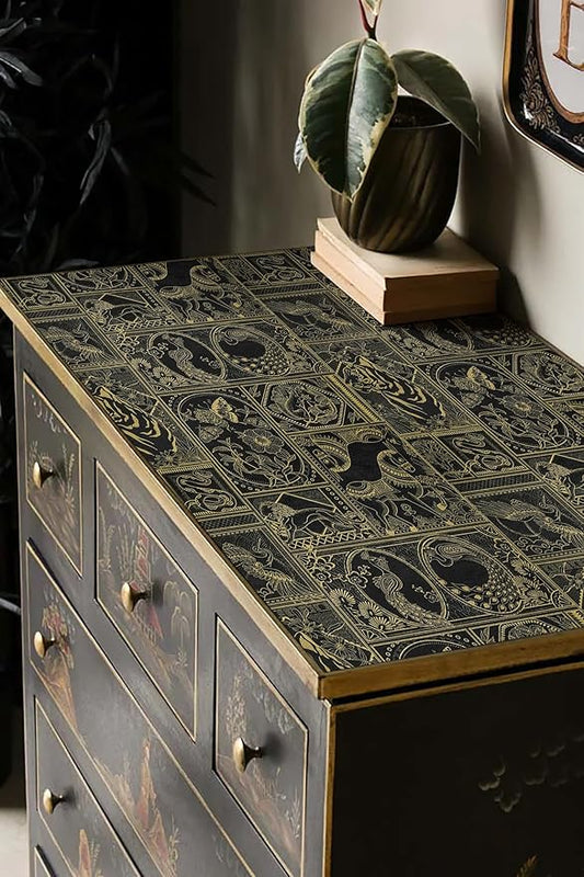 Erfoni 118"x17.7" Black and Gold Wallpaper Vintage Peel and Stick Wallpaper Special Animals Pattern Contact Paper Stick and Peel Self Adhesive Removable Wall Paper for Countertop Cabinets Covering