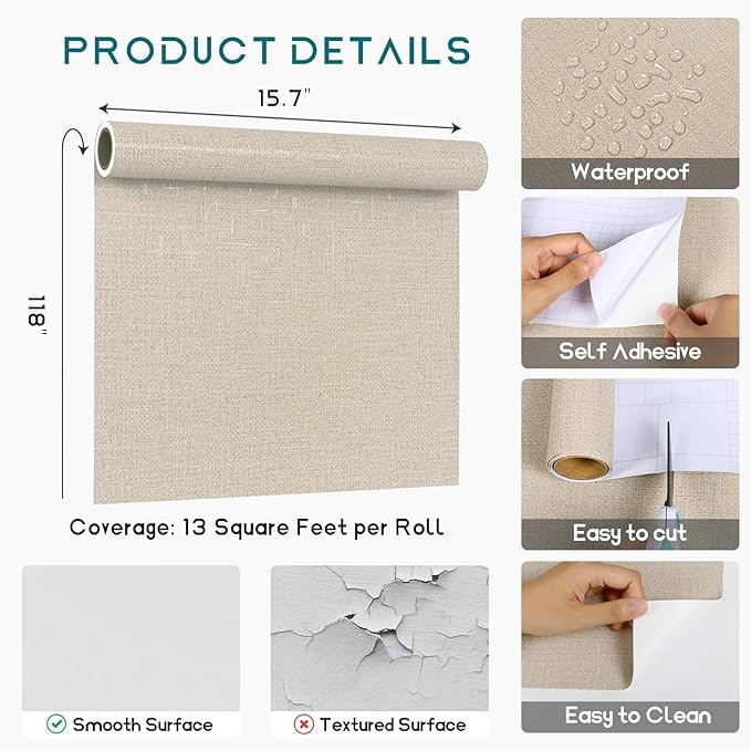 VEELIKE Beige Grasscloth Wallpaper Textured Peel and Stick Grass Cloth Wallpaper for Bedroom Living Room Wall Covering 15.7''x118'' Removable Prepasted Weave Wallpaper Beige Contact Paper for Walls