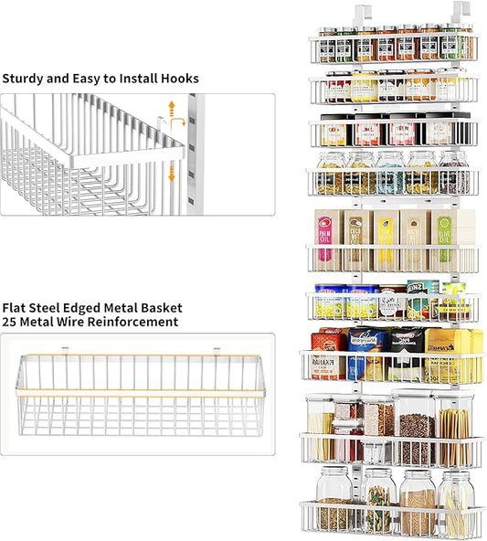Moforoco 9-Tier White Over The Door Pantry Organizer, Pantry Organization and Storage, Black Hanging Basket Wall Spice Rack Seasoning Shelves, Home & Kitchen Bedroom Bathroom House Essentials