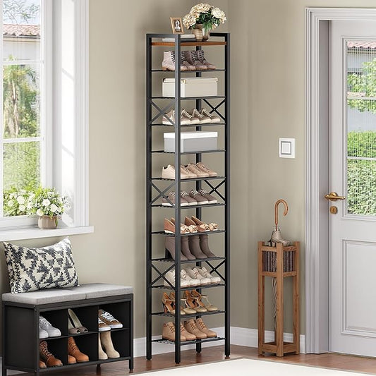 12-Tier Narrow Shoe Rack, Tall Shoe Rack for 12-24 Pairs, Slim Shoe Storage Organizer with Wooden Top, Space Saving, Metal Frame, for Entryway, Rustic Brown and Black SS61BR