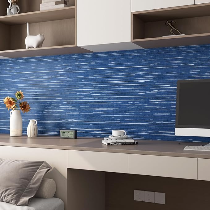 Livelynine Blue Grasscloth Peel and Stick Wallpaper Textured Prepasted Navy Blue Grass Cloth Wall Paper Texture Vinyl Removable Contact Paper Self Adhesive Dark Linen Fabric Wall Covering 15.8x78.8"