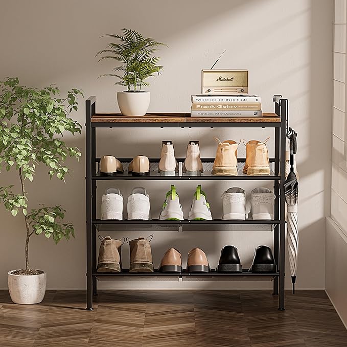 4 Tier Shoe Rack, Shoe Rack for Front Door Entrance with Hook, Shoe Organizer with Adjustable Mesh Shelves, Metal Shoe Rack for Entryway, Closet, Bedroom Living Room Garage
