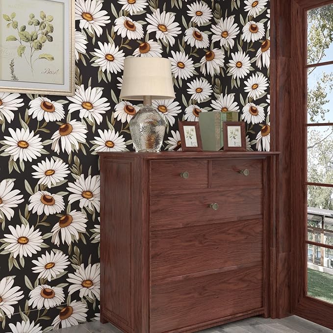 Daisy Floral Wallpaper Peel and Stick Boho Wallpaper for Countertop 17.5in x 393in Vintage Contact Paper Vinyl Waterproof Self-Adhesive Dark Black Modern Wall Paper for Bedroom Walls Drawer Bathroom