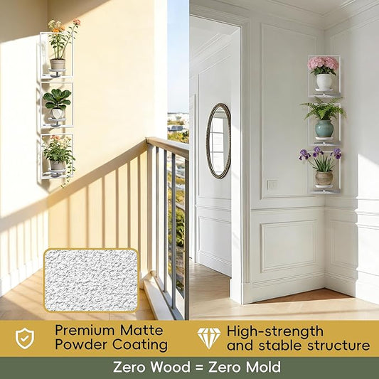 BXF Corner Wall Planters for Indoor Plants, 90 Degree Floating Shelves. Heavy Duty Mounted Holder, Minimalist Hanging Decor. Window Shelf Fits 4-7 Inch Pots (White, Frame 3 Pack)