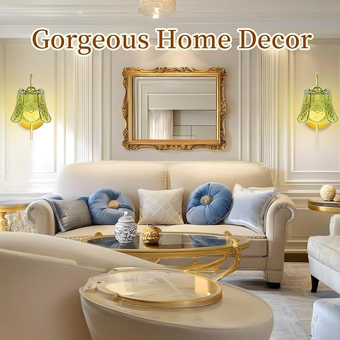 Vintage Battery Wall Sconce with Flower lampshade,Rechargeable Battery Powered Wall Lights,Wall lamp with 15 Colors for Bedroom Living Room Home Decor (Green Rose, 2 Light Battery Operated)