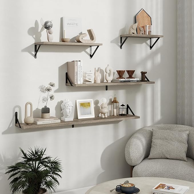 Floating Shelves, 8 Inch Deep Rustic Wood Wall Storage, 16W x 8D Wall Shelves Set of 2, Heavy Duty Metal Brackets, Industrial Book Shelf for Living Room, Kitchen, Bathroom, Bedroom, Grey