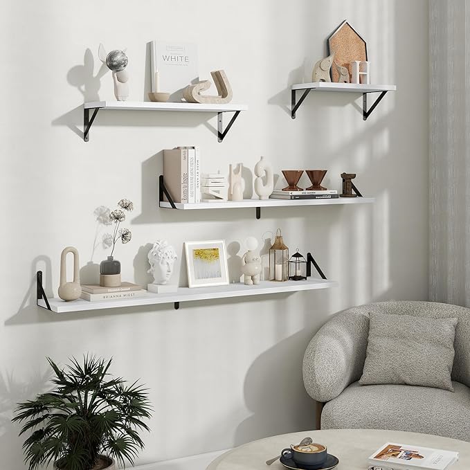 Floating Shelves, 8 Inch Deep Rustic Wood Wall Storage, 36W x 8D Wall Shelves Set of 2, Heavy Duty Metal Brackets, Industrial Book Shelf for Living Room, Kitchen, Bathroom, Bedroom, White