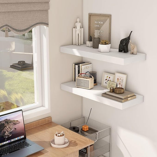 Fun Memories White Floating Shelves 30x 12 Inch, Deep Floating Shelf Wall Mounted, 12" Deep Wall Shelves for Books, Bathroom, Bedroom, Kitchen, Thicked Shelves for Home Storage & Display, Set of 2