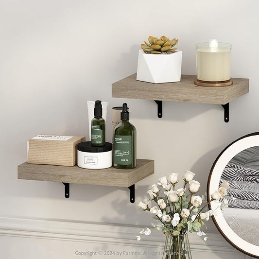 Furinno Tanna Floating Shelves for Wall Set of 2, 15-Inch Wall Shelf, Triple Thick Floating Mounted Shelf, for Bathroom, Home Office, Living Room, Natural