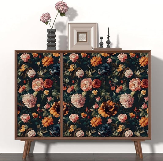 Colorful Floral Peel and Stick Wallpaper Gothic Dark Contact Paper Orange Flower Vintage Wall Mural for Bedroom Bathroom Vinyl Waterproof Self Adhesive Removable Renter Dorm Wall Paper 17.5" x 118"