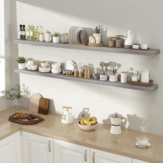 72 Inch Floating Shelves for Wall 2 Pack, 72" Wall Shelves for Books, Storage, Decor, Wall Mounted Floating Shelf with Invisible Brackets for Kitchen, Living Room, Gray