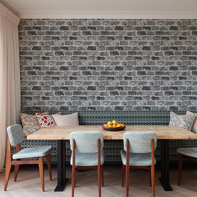 JiffDiff Brick Wallpaper Peel and Stick, Removable Vintage Self Adhesive Wallpaper Renter Friendly Textured Stick on Wallpaper Contact Paper (17.3" x 400" Black Brick)