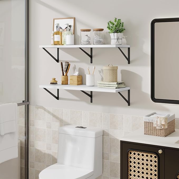 Floating Shelf for Wall,32" WX10 D Wood Floating Shelves with Sturdy Metal Bracket Set of 2,Wall Mounted Hanging Shelf for Bathroom,Bedroom,Kitchen,White
