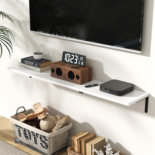 Fun Memories Deep Floating Shelves, 24W x 8D Floating Shelves Set of 2, Wall Mounted Shelf with Metal Brackets, Rustic Wood Wall Shelf for Bathroom, Kitchen and Living Room, White