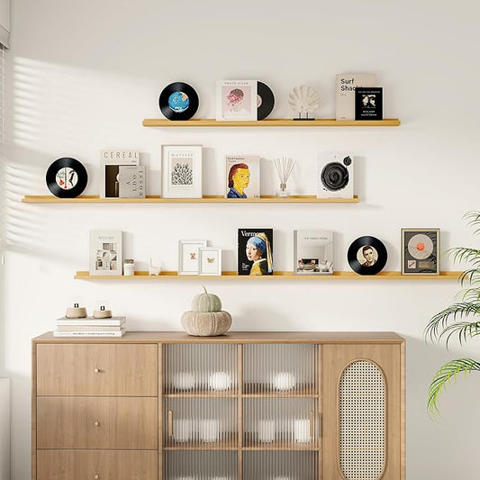 Floating Picture Ledge Shelves for Wall Set of 2, 95 Inches Picture Ledge Shelf with Long Large Nursery Book Shelf for Toys Storage Kids Bookshelf Wall Mounted Living Room Bedroom Decor Frames, Oak