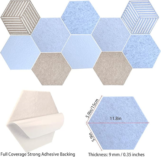 12" Hexagon Acoustic Panels Self-Adhesive (10 Pack) | Decorative Sound Dampening Wall Tiles with 3D Hollow Patterns | High-Density Polyester Soundproofing Padding for Home Office & Studio