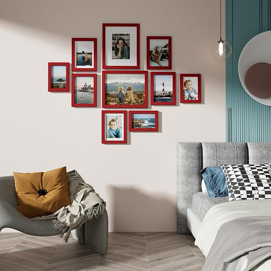 Vittanly 10 Pack Picture Frames Collage Wall Decor, Gallery Frame Set for Wall Mounting or Tabletop Display, Multi Sizes Including 2pcs 8x10, 4pcs 5x7, 4pcs 4x6, Red