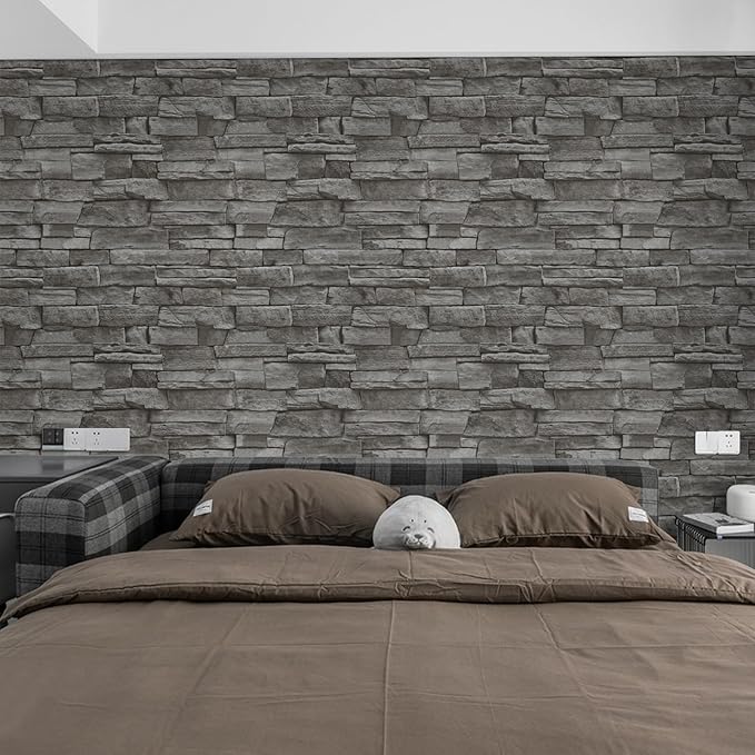 Abyssaly Dark Grey Stone Brick Wallpaper Peel and Stick Backsplash 17.71" X 118" Self-Adhesive Removable Contact Paper Stick on Wall Panels Faux 3D Stone Look Brick Shelf Paper Home Decorations