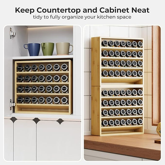 Orimade 4 Tier Spice Rack Organizer for Cabinet with 28 Plastic Spice Jars, Freestanding Bamboo Seasoning Rack for Countertop, Cupboard, Pantry, Kitchen, 13.18 x 4.13 x 12.2 inches