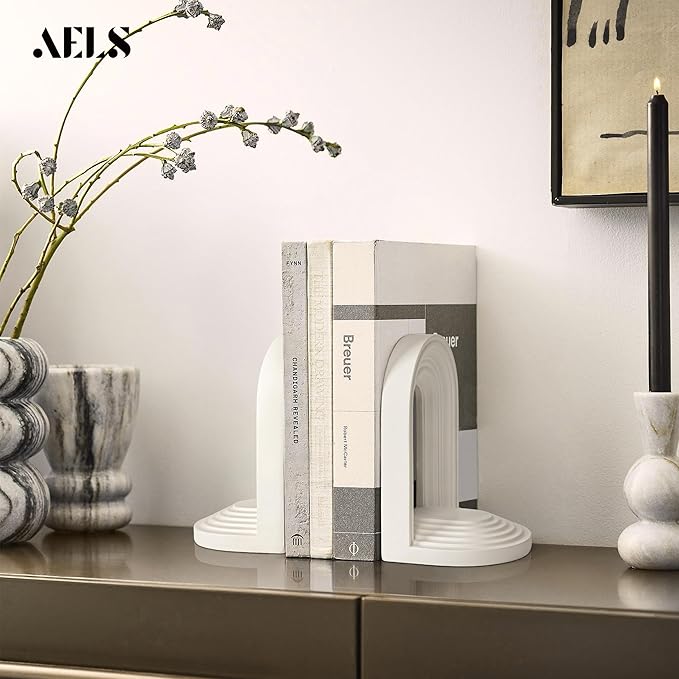 AELS Mordern Bookends, Mid Century Arch Heavy Duty Book Ends, Unique Decorative Bookend Supports for Shelves, Office Desktop Book Stand, Stopper for Books/Movies/CD, Cream