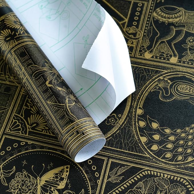Erfoni 197"x17.7" Black and Gold Wallpaper Vintage Self Adhesive Peel and Stick Wallpaper Retro Animail Pattern Contact Paper DIY Stick and Peel Removable Wall Paper Decoration Bedroom Wall Vinyl Roll