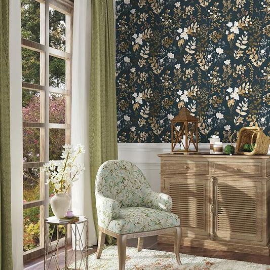 Navy Floral Wallpaper Peel and Stick Boho Wallpaper Vintage Blue/Gold Leaf Contact Paper Waterproof Self Adhesive Modern Wall Paper for Cabinet Walls Kitchen 17.5in x118in