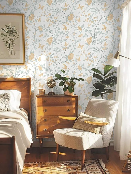 Vintage Wallpaper Floral Peel and Stick Wallpaper Boho Light Blue and Yellow Wall Paper Bird Botanical Contact Paper for Cabinets Renter Friendly Self-Adhesive Bathroom Bedroom 1.44' x 32'