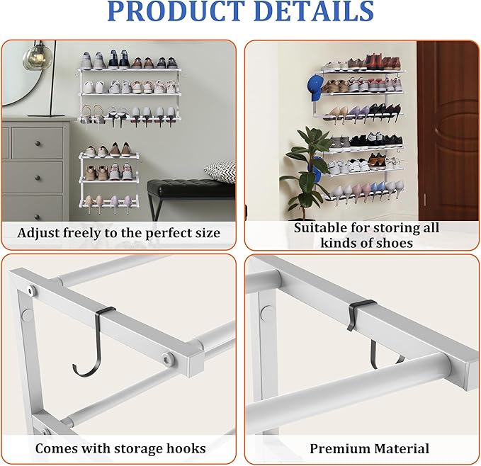 4 Pack Wall Mounted Shoe Rack, 3 Tier Hanging Shoe Rack Holds 48 Pairs, 17"-30"Adjustable Heavy Duty Metal Shoe Organizer Holder with 8 Storage Hooks, Space Saving for Closet Entryway Doorway(White)