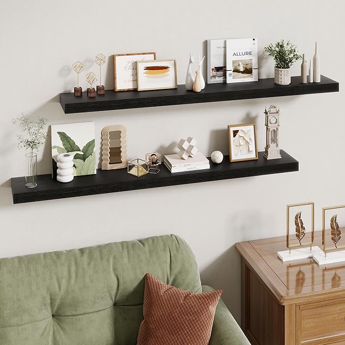 48 Inch Floating Shelves | 6.5 Inch Deep Black Floating Shelves Set of 2 | 48" W x 6.5" D Rustic Black Wood Wall Shelves with Invisible Brackets for Bathroom Living Room Bedroom