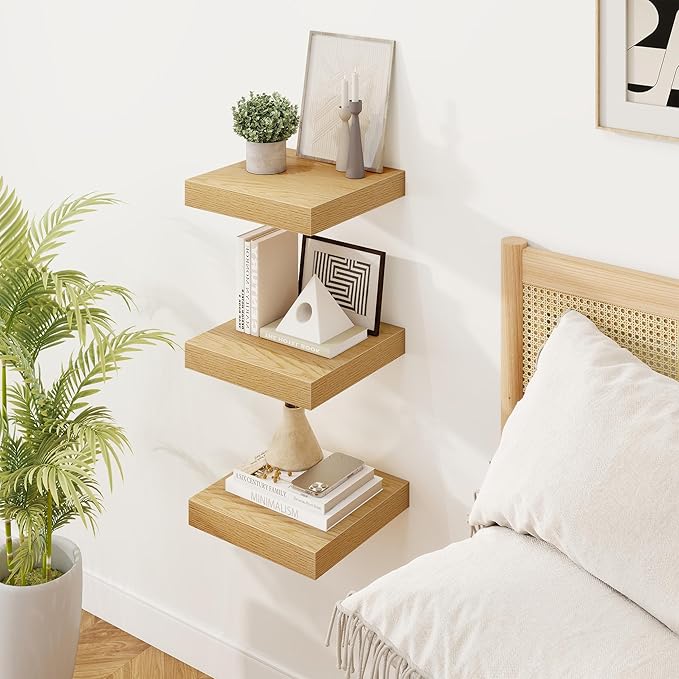 Marsmiles Square Floating Shelves for Wall, 10" W x 10" D x 1.25" H, 3 Packs Small Wall Mounted Engineered Wood Shelves with Invisible Brackets for Living Room, Bedroom, Bathroom, Kitchen Decor, Oak