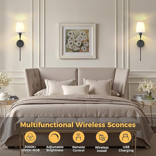 DORESshop Battery Operated Wall Sconce Set of 2, Wireless Wall Light Easy to Install, 7 Color Rechargeable Wall Sconces, Sconce Wall Decor Set of 2 for Bedroom, Living Room, Matte Balck, 24.3in