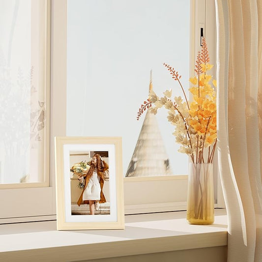Vittanly 5x7 Picture Frame Set of 4, Display Pictures 4x6 with Mat or 5x7 without Mat, Photo Frames for Wall or Tabletop Display, Engineered Wood with Shatter Resistant Plexiglass, Natural Wood