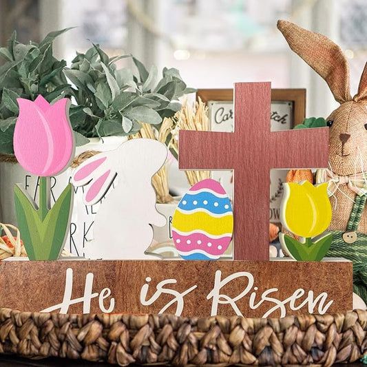 He is Risen Wood Block Table Sign Wooden Bunny Tulips Cross Table Top Decorations Tiered Trays Desk Shelf Easter Home Office Coffee Bar Decor 6 Pieces