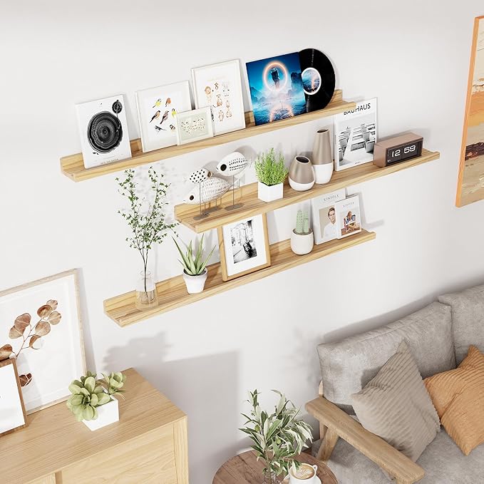 RICHFOCUS Floating Shelves for Wall, 48 inch Solid Wood Picture Ledge Shelf for Wall Storage, Nursery Book Shelves with Lip for Living Room Bathroom Bedroom Kitchen, Set of 3, Natural